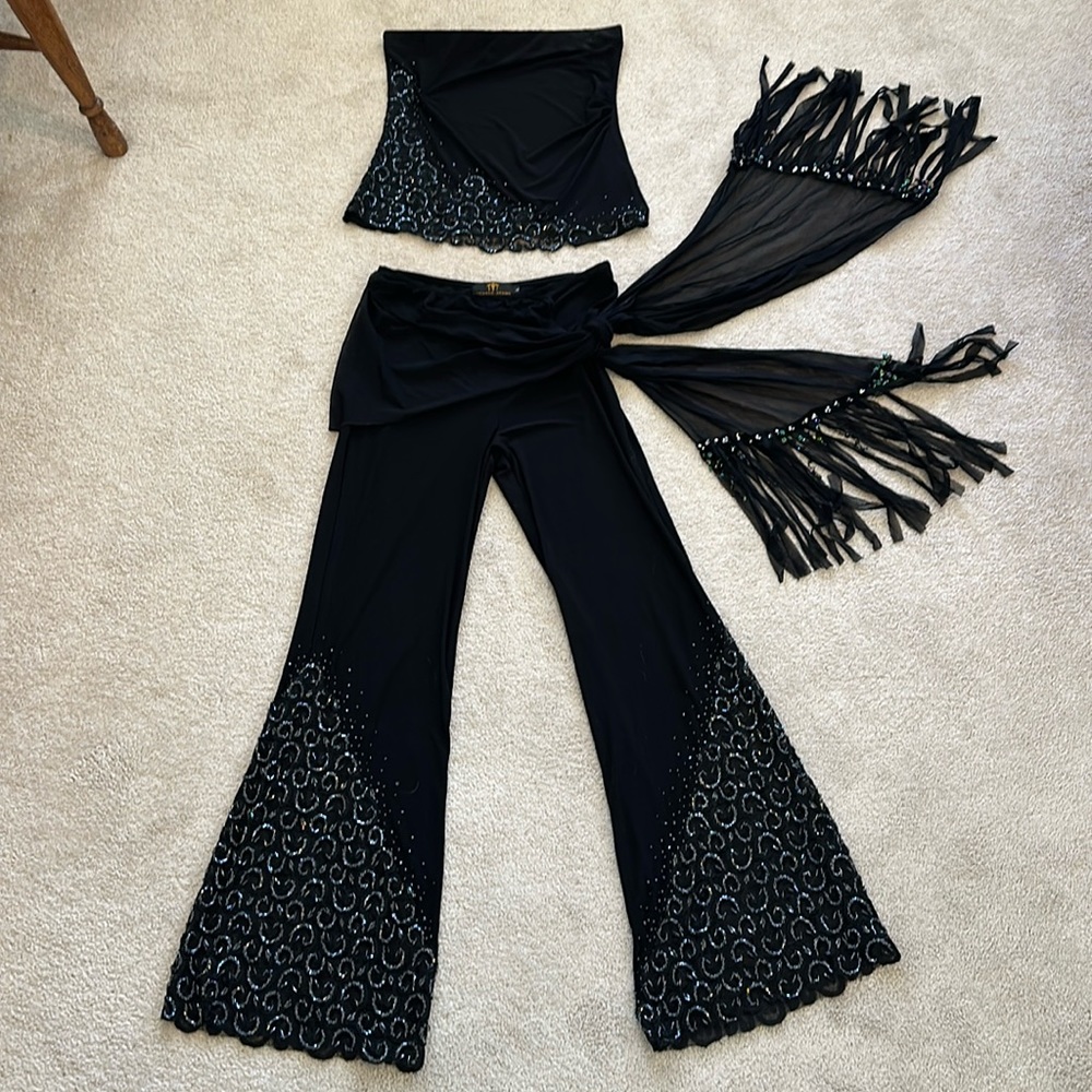 Amanda Adams Couture Strapless Crop Top with Bling Sashed Matching Genie Pants